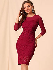 Women's Valentine's Day Mesh Sheer Long Sleeve Stretch Knit Floral Lace Bodycon Dress