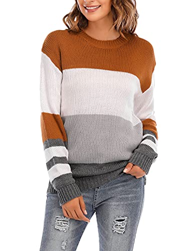 Women Casual Crewneck Long Sleeve Striped Color Block Warm Knit Pullover Sweaters Jumper