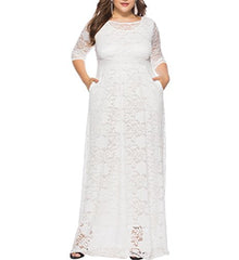 Women's Floral Lace 2/3 Sleeves Maxi Dress Plus Size Evening Party Dresses