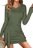 Women Casual Long Sleeve T Shirt Dress V Neck Solid Color Ruched Tie Waist Bodycon Mini Dresses