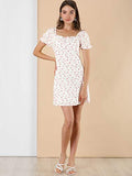 Women's Floral Puff Sleeve Sweetheart Neckline Ruched Front Ruffled Dresses