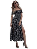 Black Women's Boho Floral Print Off Shoulder Split Long A Line Dress - Floerns | Women's Formal Dresses