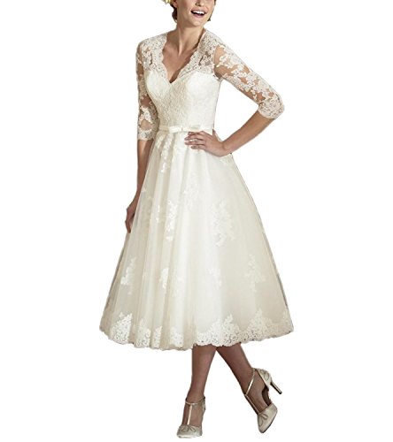 Women's V Neck Long Sleeves Tea Length Short Wedding Dress