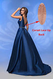 Ufashion Women's Satin Ruched A Line Prom Dress Beaded Formal Evening Gown with Pockets