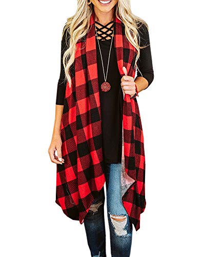 Womens Plaid Open Front Cardigan Sleeveless Drape Lightweight Vest Coat with Pockets