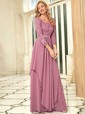 Women's Maxi A-Line Chiffon Long Sleeve Lace Formal Evening Party Dress  - Sara Clothes