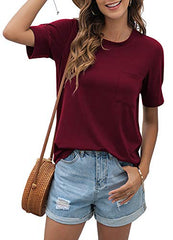 HIYIYEZI Summer Tops for Women Short Sleeve Side Split Casual Loose Tunic Top with Pocket