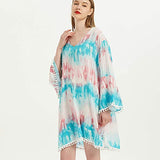 Women Tie dye Dress,  Ladies Casual Summer Beach Midi Dresses Mandarin Sleeve Sundress | Original Brand