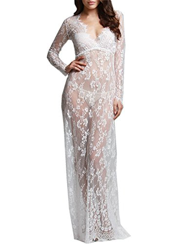 Sexy Deep V-neck Long Sleeve Lace Beach See-through Maxi Dress