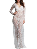 Sexy Deep V-neck Long Sleeve Lace Beach See-through Maxi Dress | Women's Casual Dresses