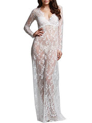 Sexy Deep V-neck Long Sleeve Lace Beach See-through Maxi Dress