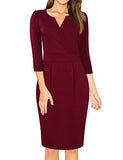 Burgundy Long Sleeve Women's V-Neck Work Business Bodycon Pencil Dress - MISSKY | Women's Work Dresses