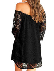 Women's Casual Off Shoulder Lace Shift Loose Mini Dress With 3/4 Sleeve