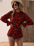 Women's Leopard Print Long Sleeve Frill Trim Mock Neck Blouse Tops | Original Brand | Women's Tops and Blouses