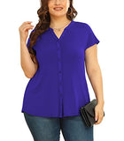 Royal Blue Short Sleeve Women's Plus Size Short Sleeve Shirt Button Down V Neck Tops Casual Blouses with Procket - TIANZHU | Women's Tops and Blouses
