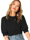 Women's Puff Sleeve Casual Solid Top Pullover Keyhole Back Blouse | Women's Tops and Blouses