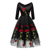 Women Vintage Off Shoulder Rose Embroidered Floral Evening Dress V Neck Short 3/4 Sleeves Wedding Cocktail A Line Midi Gown | Women's Casual Dresses