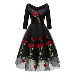 Women Vintage Off Shoulder Rose Embroidered Floral Evening Dress V Neck Short 3/4 Sleeves Wedding Cocktail A Line Midi Gown