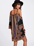 Women's Vintage Print Kimono Sleeve Geometric Tunic Boho Dress