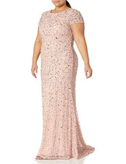 Adrianna Papell Women's Plus-Size Scoop-Back Long Beaded Gown