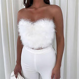 Women Sleeveless Feather Furry Tube Top Spaghetti Strap/Strapless Crop Tube Top with Fur for Party Club Streetwear | Original Brand | Women's Tops and Blouses