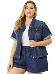 Agnes Orinda Women's Plus Size Denim Jacket Button Front Work Crop Jean Short Sleeve Jackets | Women's Coat & Jacket