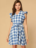 Women's Casual Plaids Ruffled Sleeve Sundress A-Line Vintage Gingham Check Dress | Original Brand