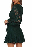 Women's Floral Flower Lace Faux Wrap Mini Dresses V Neck Long Lantern Sleeve Short Dress With Waist Ties | Women's Evening Gowns