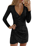 Women Fashion V-Neck Surplice Wrap Ruched Sequins Bodycon Dress