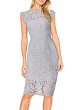 Grey Women's Sleeveless Lace Floral Elegant Cocktail Dress Crew Neck Knee Length for Party - MEROKEETY | Women's Cocktail Dresses