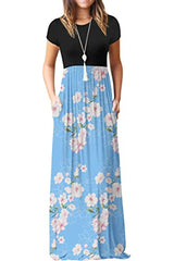 Black Light Blue Floral Maxi Dress Summer Casual Long Dresses for Laydies with Pockets - GRECERELLE