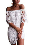 Women's Summer Off Shoulder Vintage Floral Lace Flare Short Sleeve Loose Elegant Mini Dress