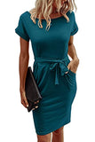 Dark Green Summer Dresses Round Neck Short Sleeve T Shirt Midi Casual Dress Tie Waist with Pockets - Jaksenr | Women's Casual Dresses