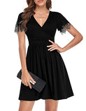 Women Dress Vintage Lace Short Sleeve Cocktail Dresses Flowy Wrap V Neck Empire Waist Evening Party Short Dress | Women's Casual Dresses