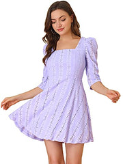 Women's Square Neck Puff Sleeve Chic Stretchy Lace Above Knee Dress