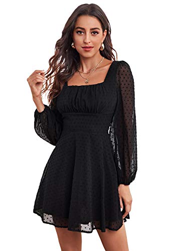 Women's Polka Dots Mesh Square Neck Bishop Sleeve Chiffon Dress