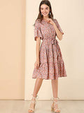 Women's Ruffle Hem Elastic Tie V Neck Bell Sleeve Floral Dress | Original Brand