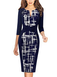 Navy Blue And White Geometric Womens Front Zipper Slim Work Office Business Cocktail Party Pencil Dress Vfshow