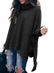 Women Turtleneck Batwing Sleeve High Low Hem Side Slit Waffle Knit Casual Loose Oversized Sweater Tunic