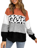 ZESICA Women's Striped Leopard Printed Long Sleeve Color Block Casual Knitted Pullover Sweater Jumper Tops