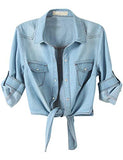 Women's 4-Mar Sleeve Denim Crop Top Tie Knot Shirt Cardigan | Women's Tops and Blouses