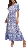 Blue Leaf White Summer Maxi Boho Beach Dress Floral Print Dress V Neck Short Sleeve Drawstring High Waist Flowy Long Midi Dresses - GRECERELLE | Women's Casual Dresses