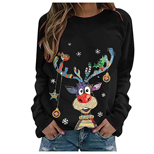 Christmas Tops for Women Cute Reindeer Print Casual Loose Long Sleeve Crewneck Pullover Sweaters Sweatshirts