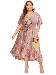 Milumia Plus Size Short Sleeve Wrap V Neck Belted High Waist Maxi Dress