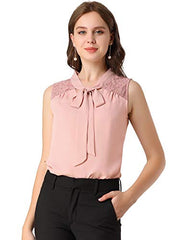 Women's Bow Tie Neck Blouse Sleeveless Lace Casual Office Work Tops | Original Brand