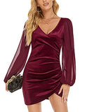 Womens V Neck Long Sleeve Dress Velvet Bodycon Ruched Side Asymmetrical Cocktail Party Dresses