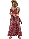 Maroon Flower Women's Boho Floral Print Off Shoulder Split Long A Line Dress - Floerns | Women's Formal Dresses