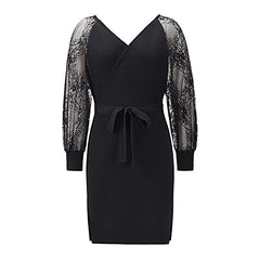 Womens V Neck Lace Batwing Sleeve Wrap Sweater Dress Sexy Backless Pencil Knit Dresses With Belted Slit Bodycon