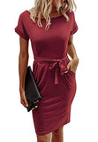 Wine Red Summer Dresses Round Neck Short Sleeve T Shirt Midi Casual Dress Tie Waist with Pockets - Jaksenr | Women's Casual Dresses