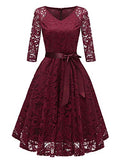 Viloree 1950s Women's Lace 3/4 Sleeve V Neck Prom Cocktail Swing Midi Dress